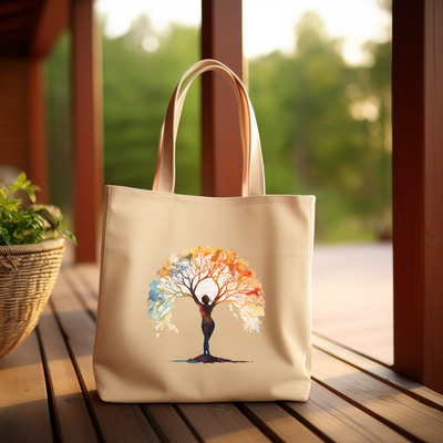 a bag with a tree on it sitting on a table