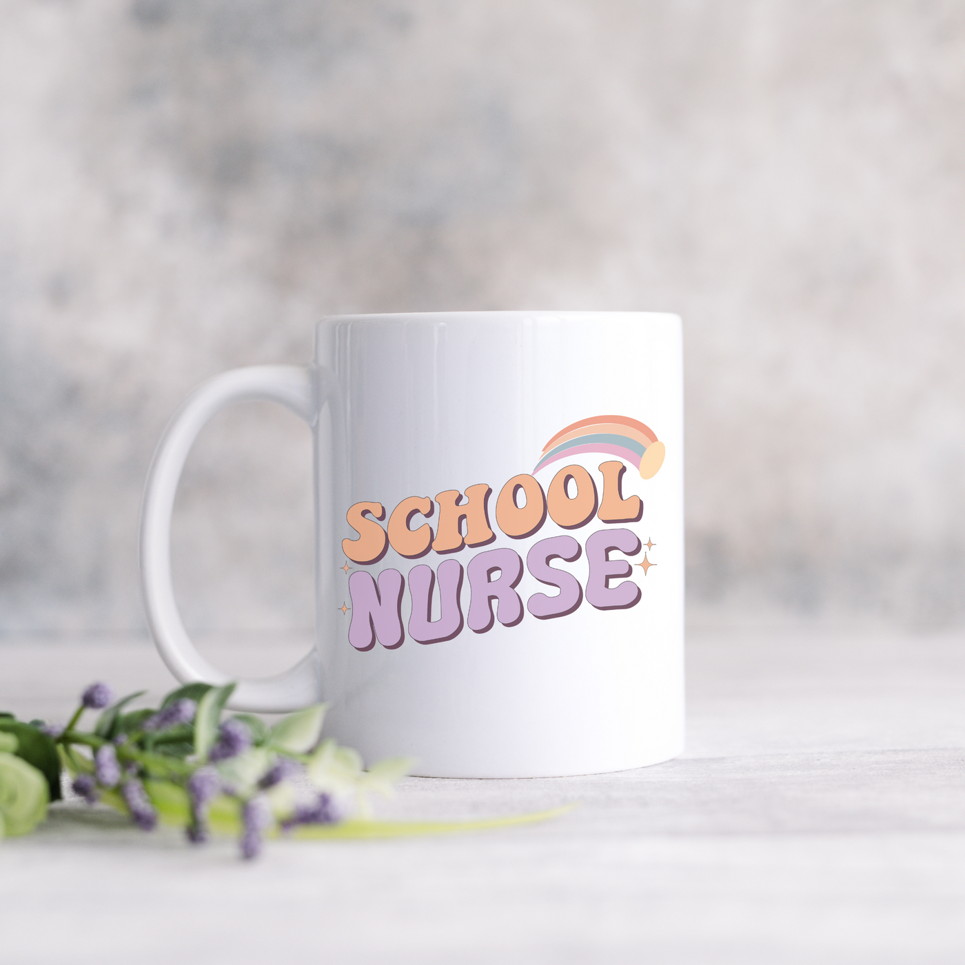 a white coffee mug with the words school nurse on it