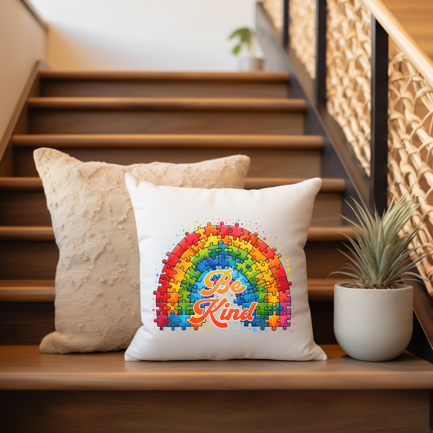 a white pillow sitting on top of a wooden banister