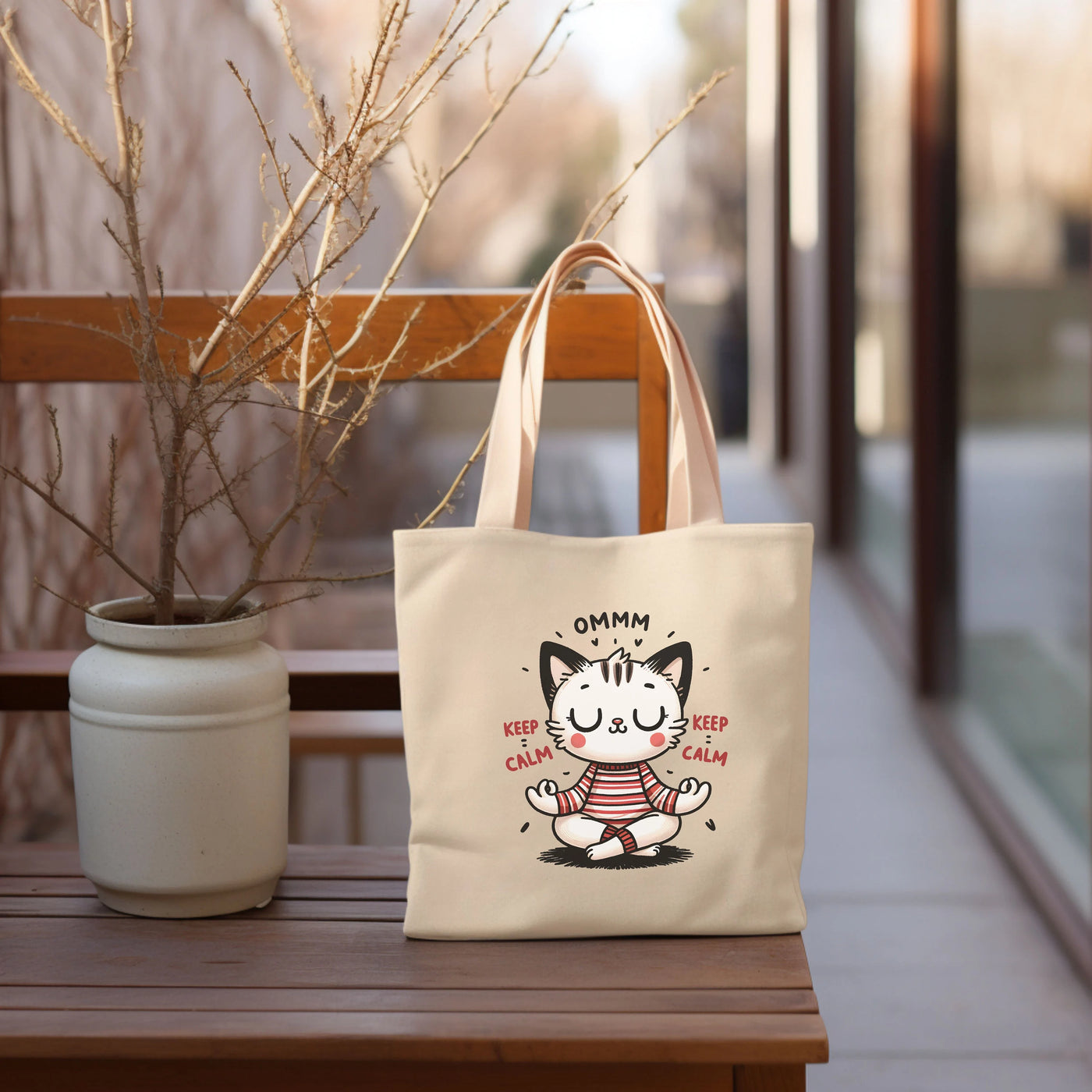 a white bag sitting on top of a wooden bench