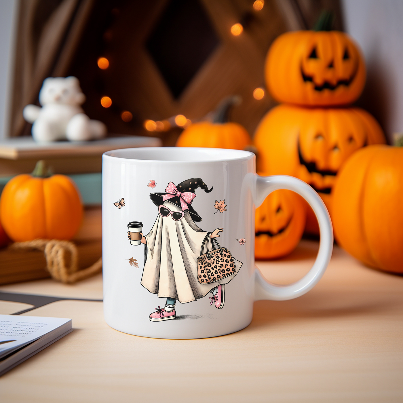 a white coffee mug with a picture of a woman holding a coffee cup