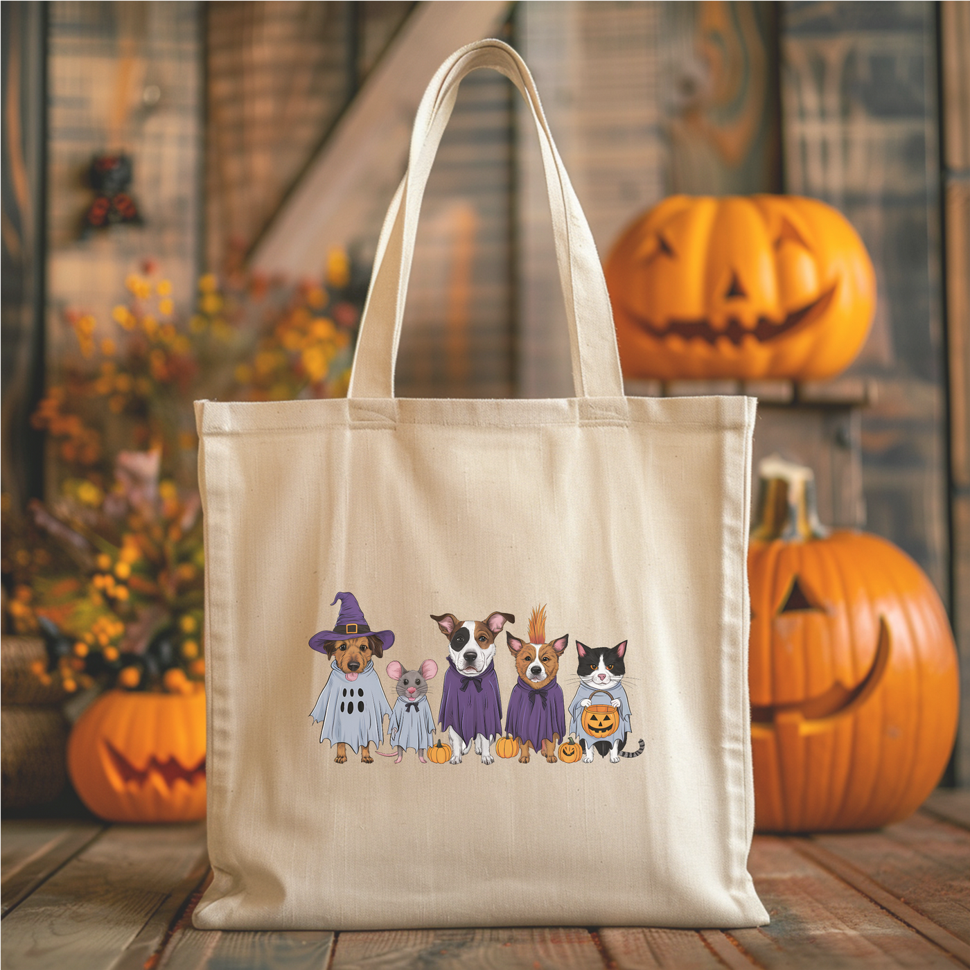 a tote bag with a picture of three dogs dressed up as witches