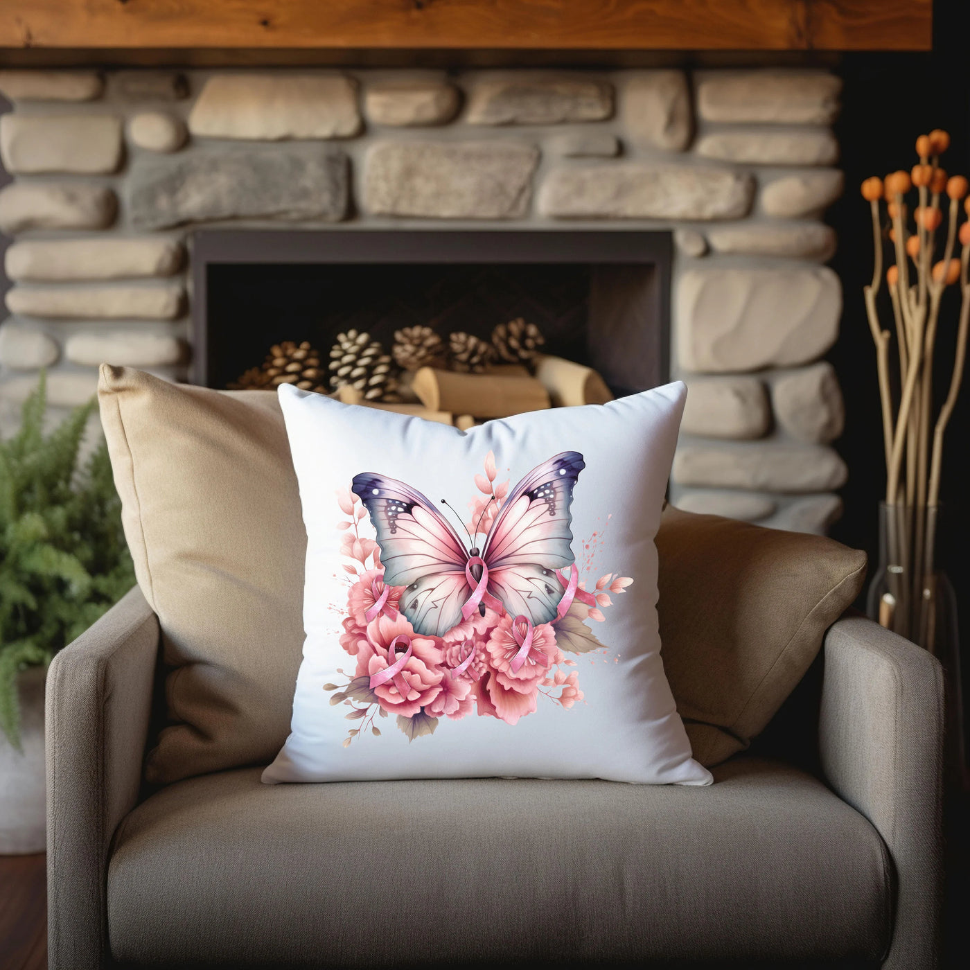 a pillow sitting on a chair in front of a fireplace