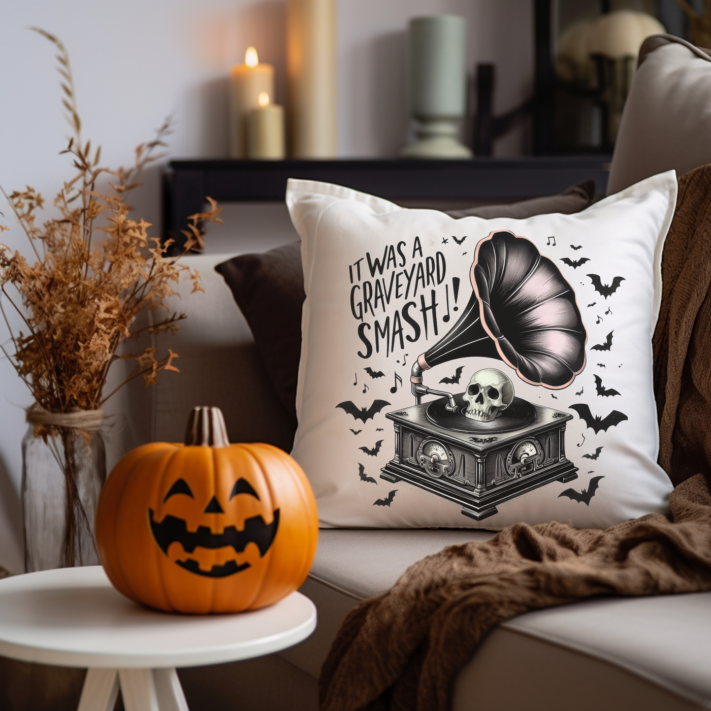 a couch with a pillow on it and a jack - o - lantern