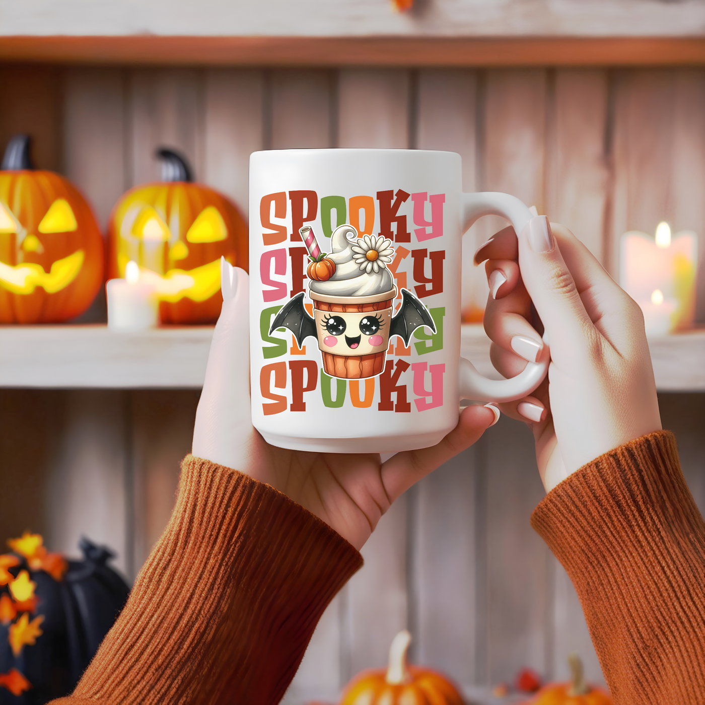 a woman holding a coffee mug with spooky spooky on it