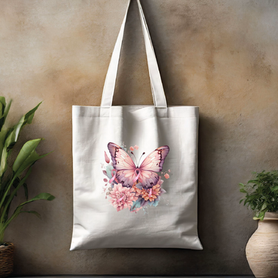 a white tote bag with a pink butterfly on it