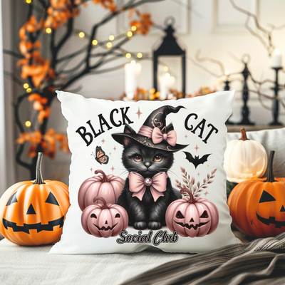 a black cat with pumpkins on a pillow