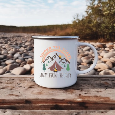 a camp mug sitting on top of a wooden table