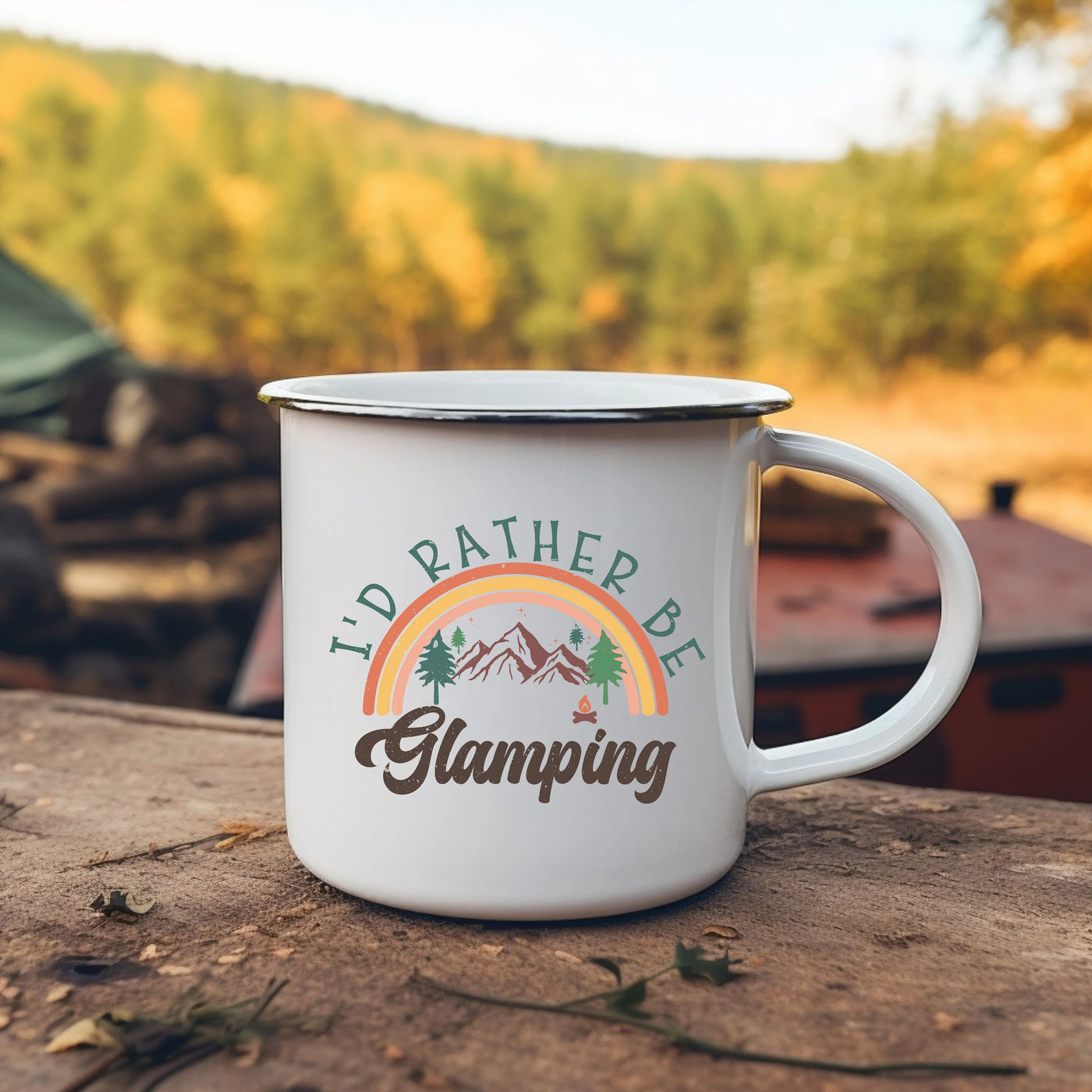 a camper mug sitting on top of a wooden table