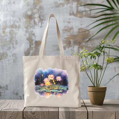 a tote bag with a painting of water lilies