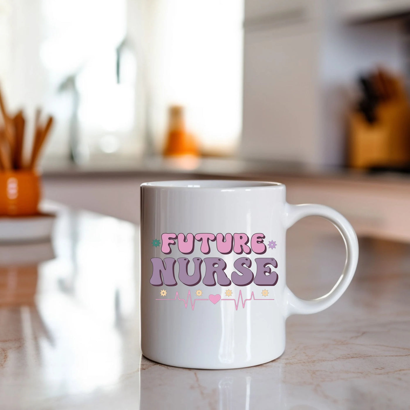 a white coffee mug sitting on top of a counter