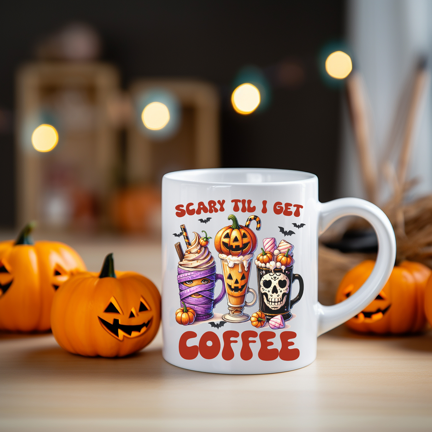 a coffee mug with a picture of two pumpkins