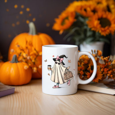 a coffee mug with a picture of a woman in a dress