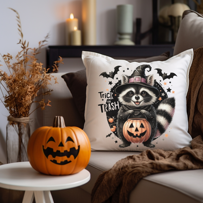 a raccoon wearing a witches hat and holding a trick or treat pillow