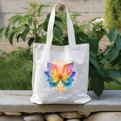 a white bag with a colorful flower on it