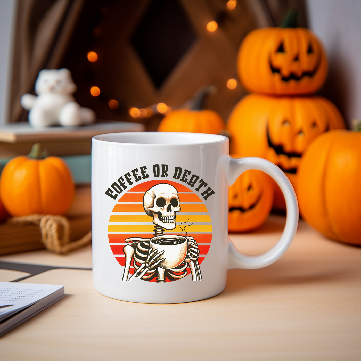 a coffee or death mug sitting on a table