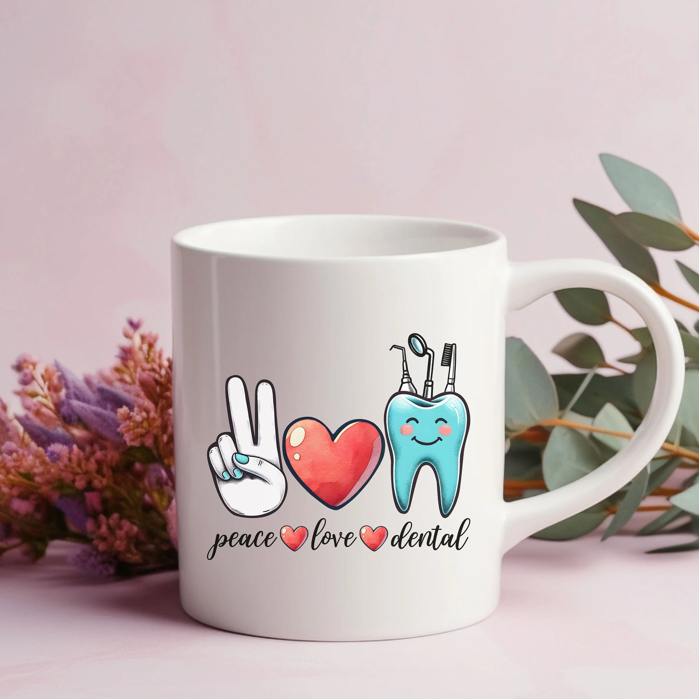 a coffee mug with a peace love dental design on it