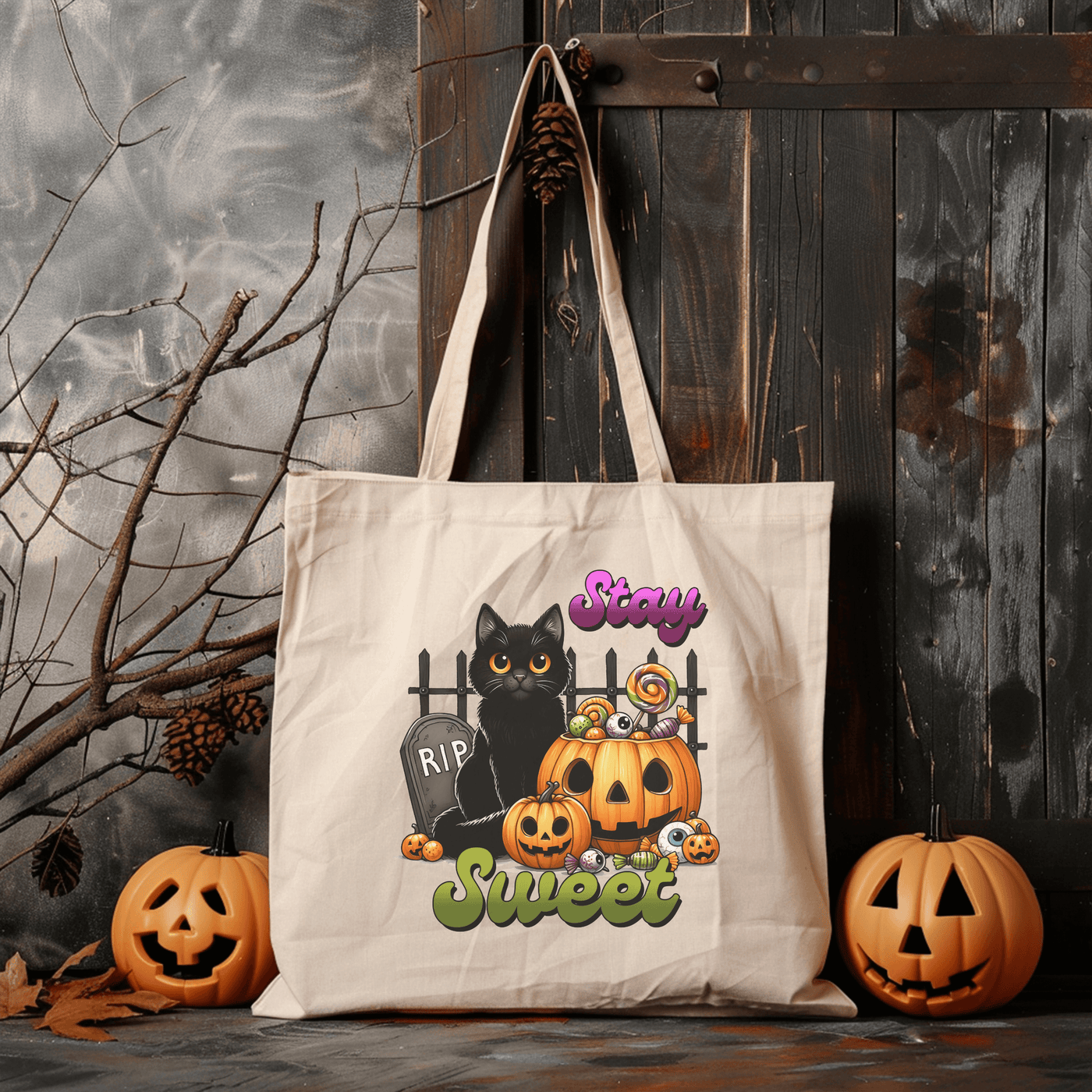 a tote bag with a black cat and pumpkins