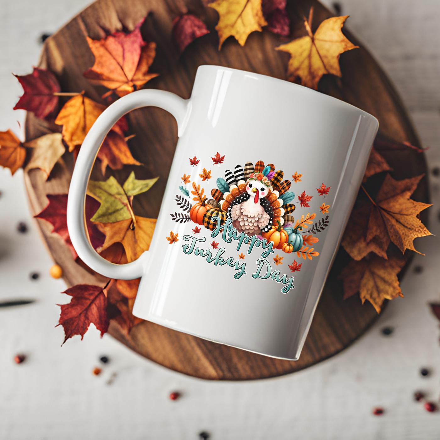 a white coffee mug sitting on top of a wooden plate