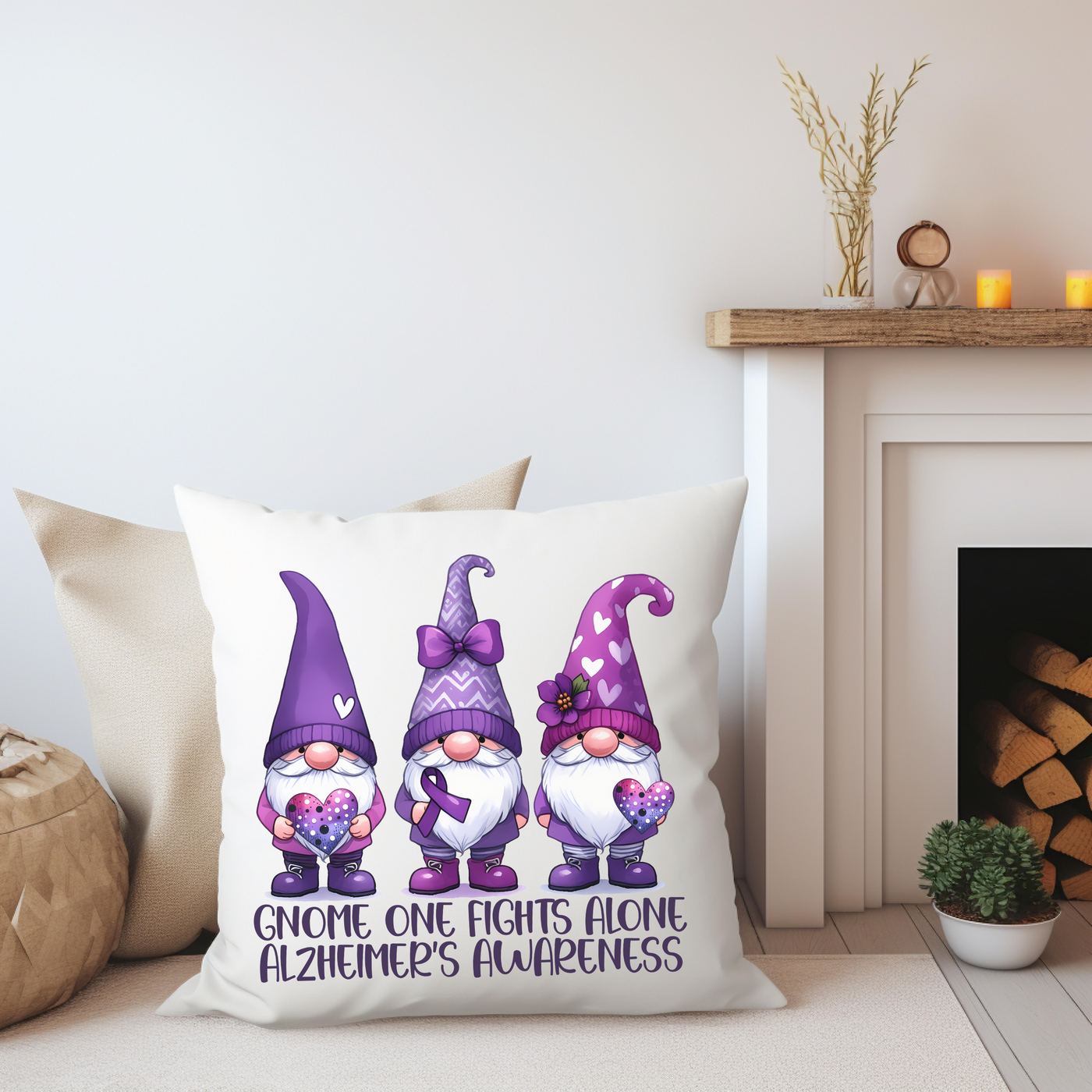 a pillow with three gnomes on it next to a fireplace