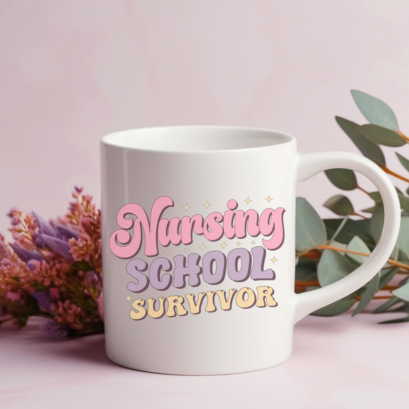 a coffee mug with the words nursing school survivor on it