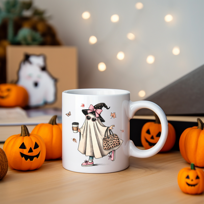 a white coffee mug with a picture of a woman in a dress