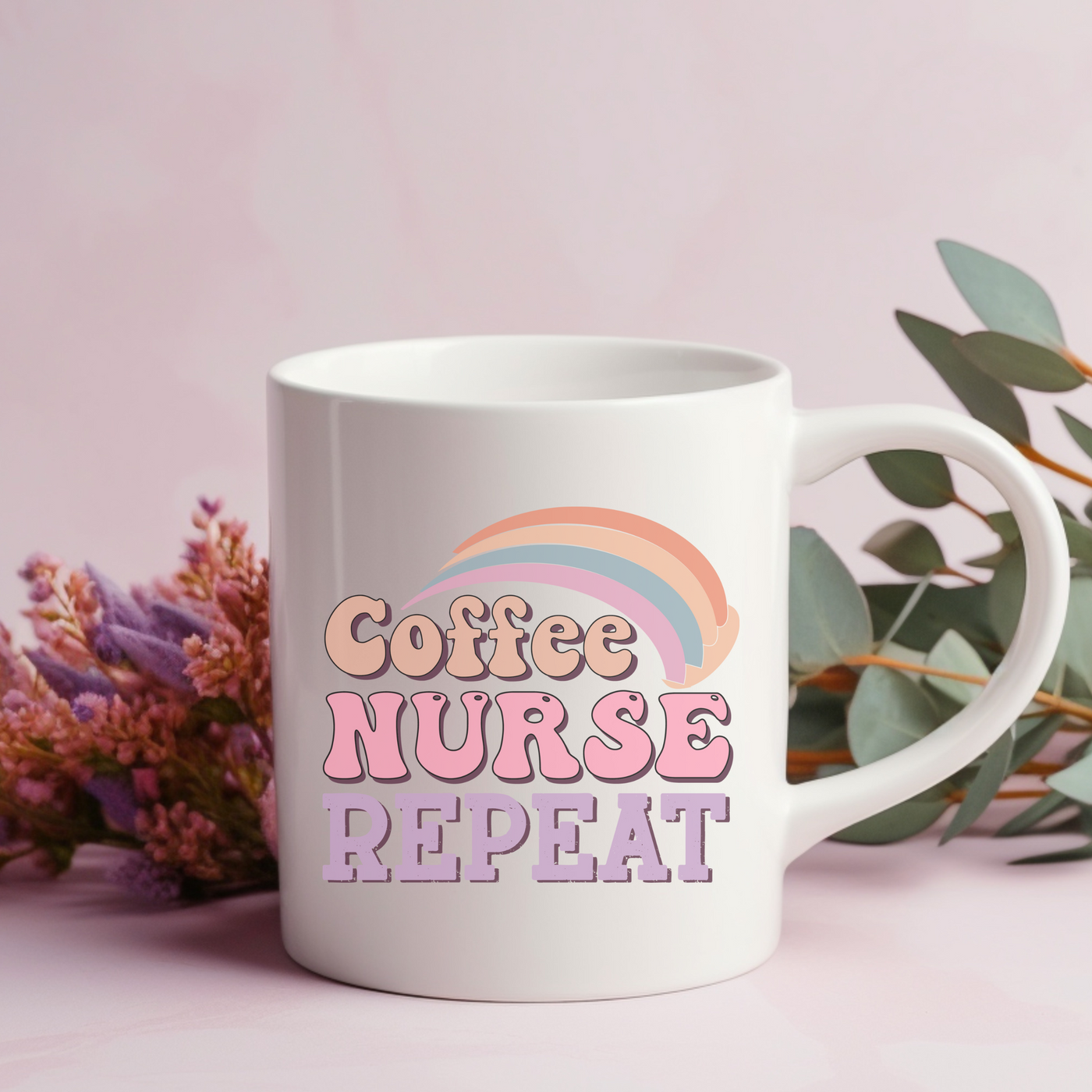 a coffee mug with the words coffee nurse repeat on it