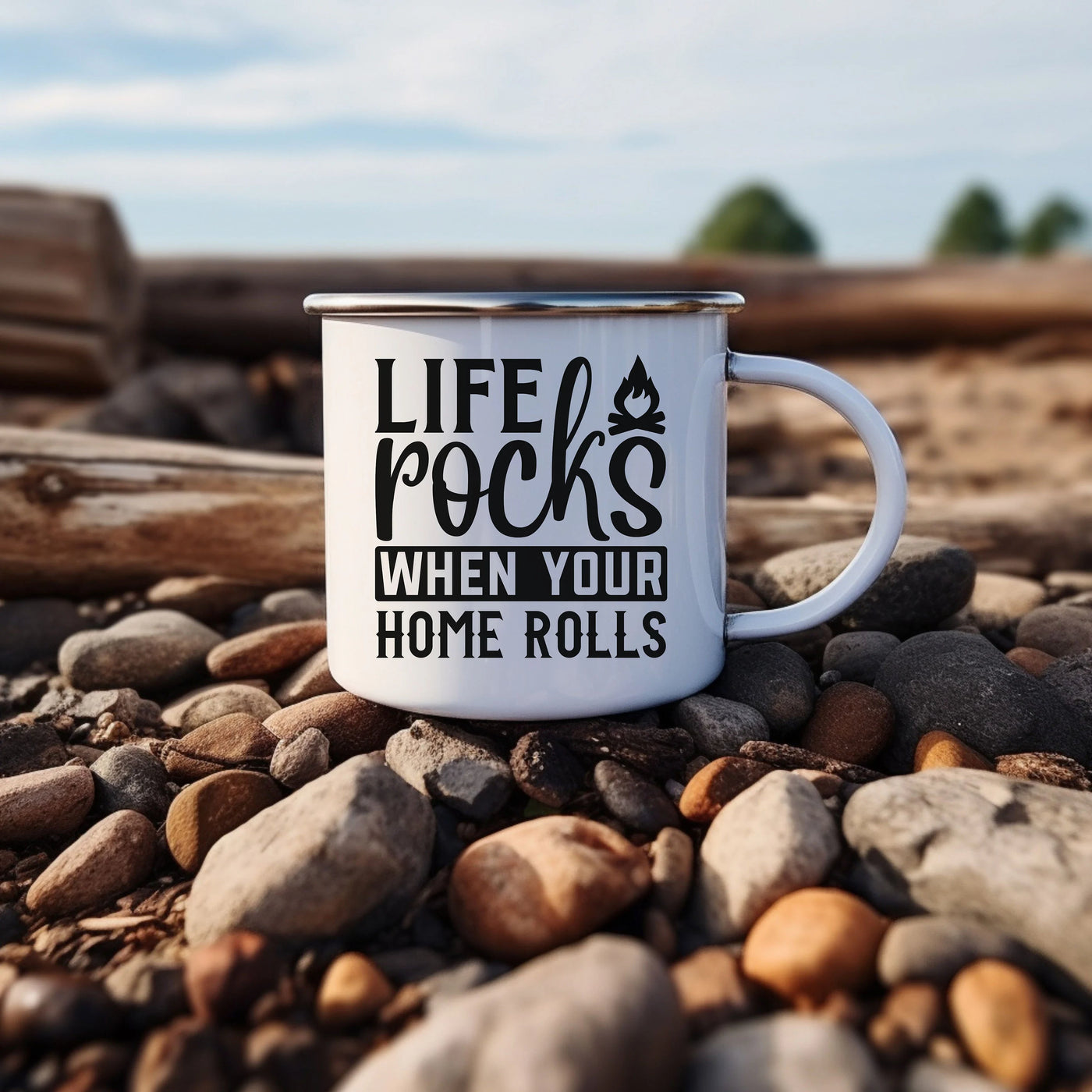 a white coffee mug sitting on top of a pile of rocks