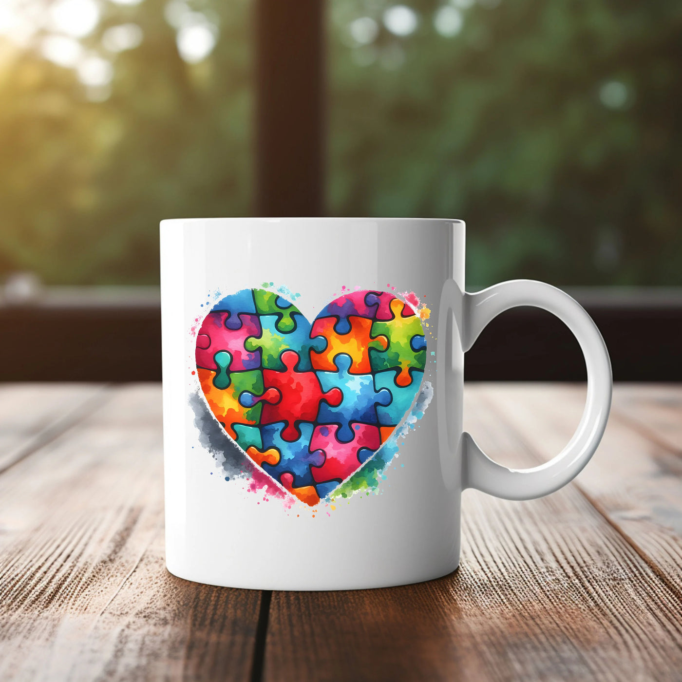 a coffee mug with a heart made of puzzle pieces