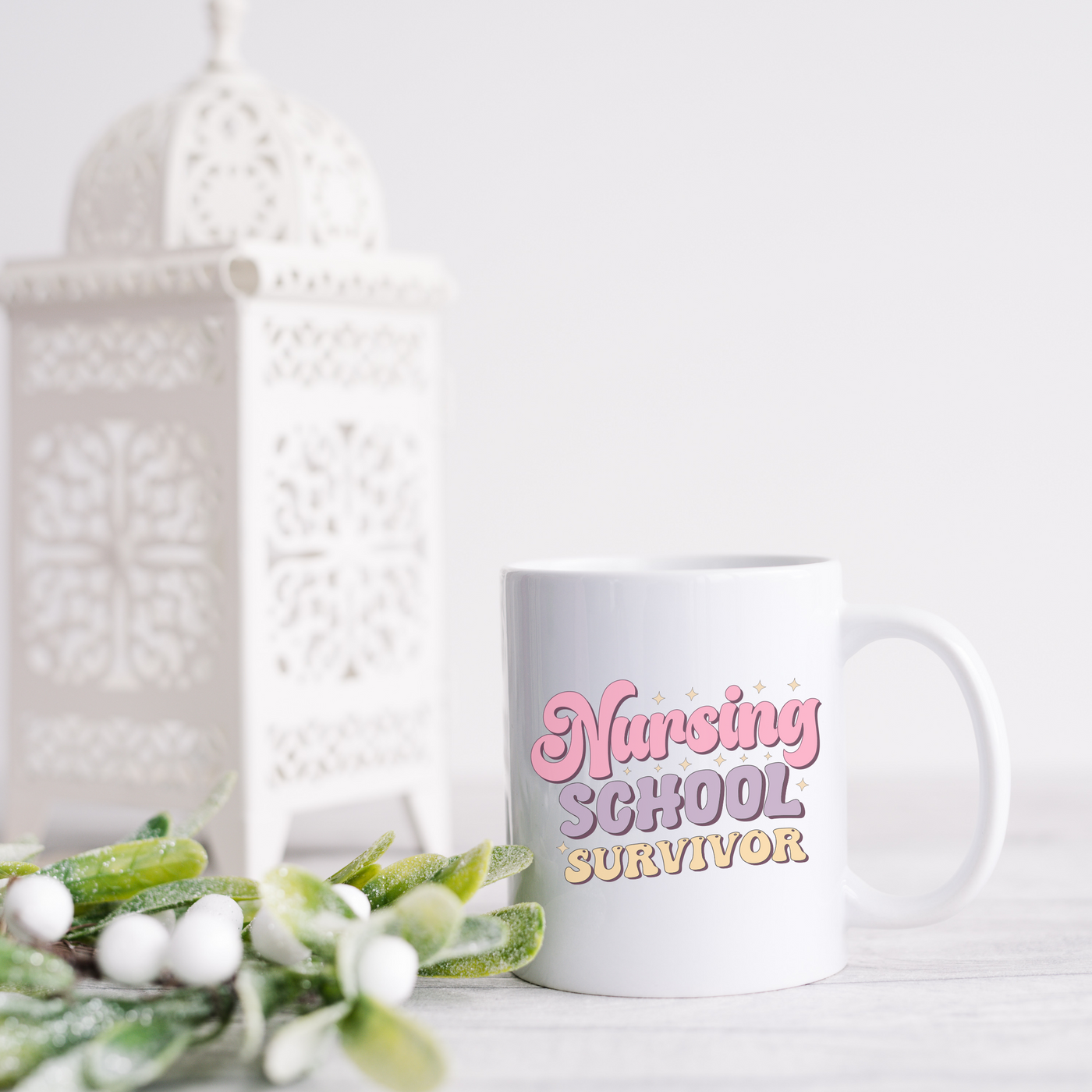 a white coffee mug sitting on top of a table