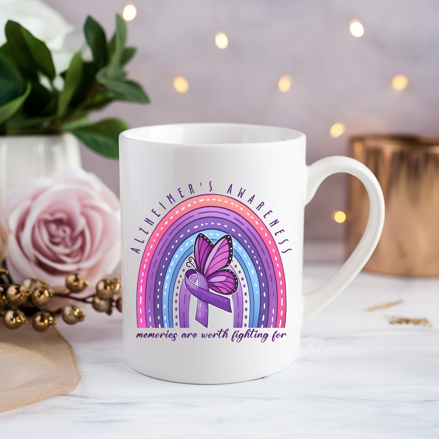 a white coffee mug with a purple butterfly on it