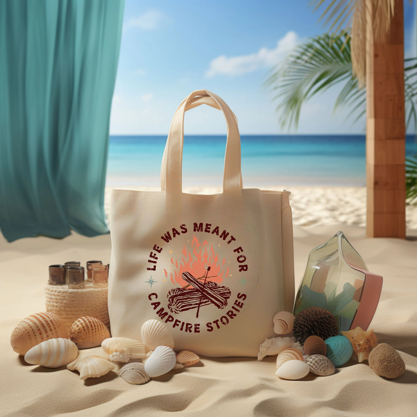 a beach scene with a tote bag and seashells