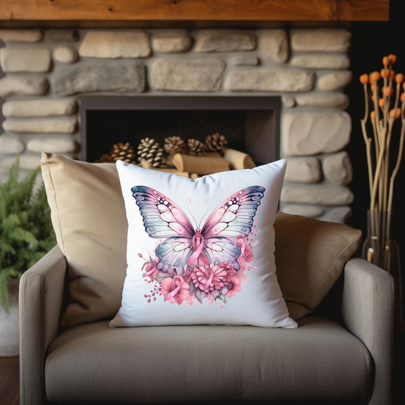 a white pillow with a pink butterfly on it