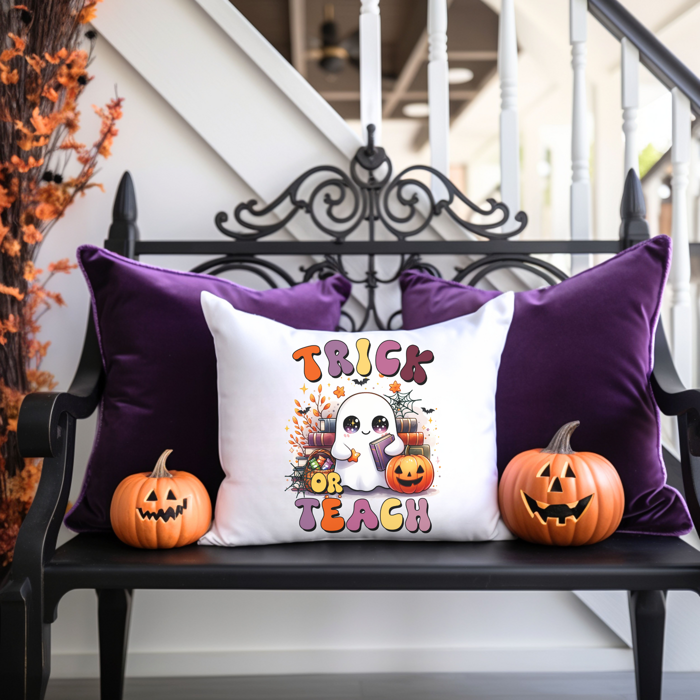 a bench with two pumpkins and a pillow on it