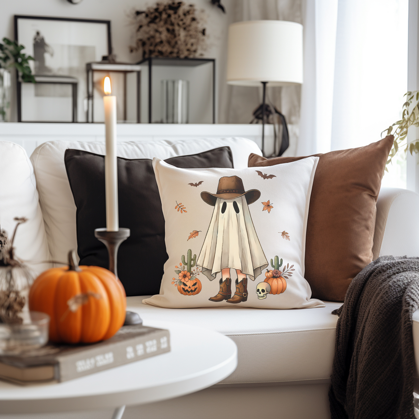 a living room with a white couch and a white coffee table