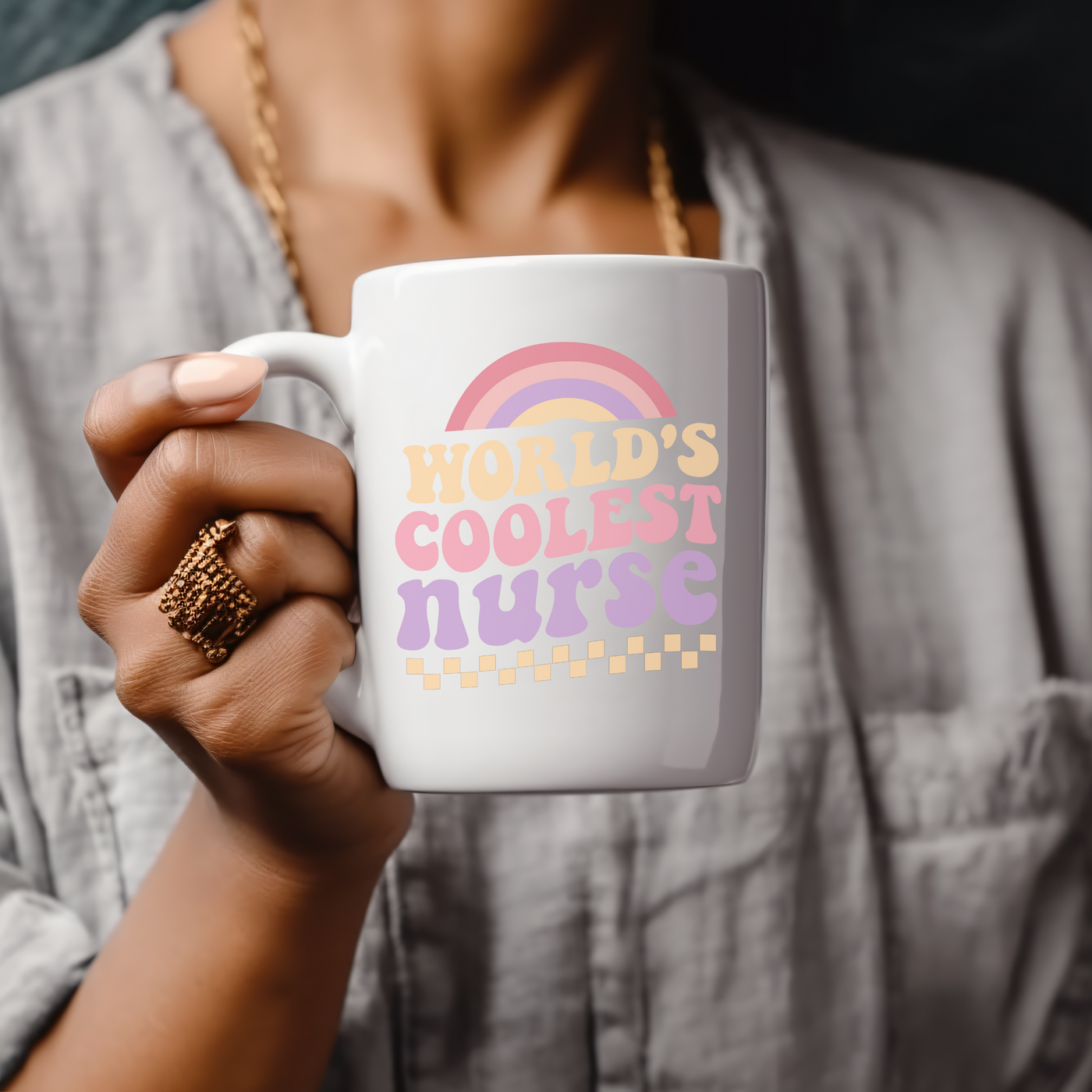 a woman holding a coffee mug with the words world's coolest nurse on