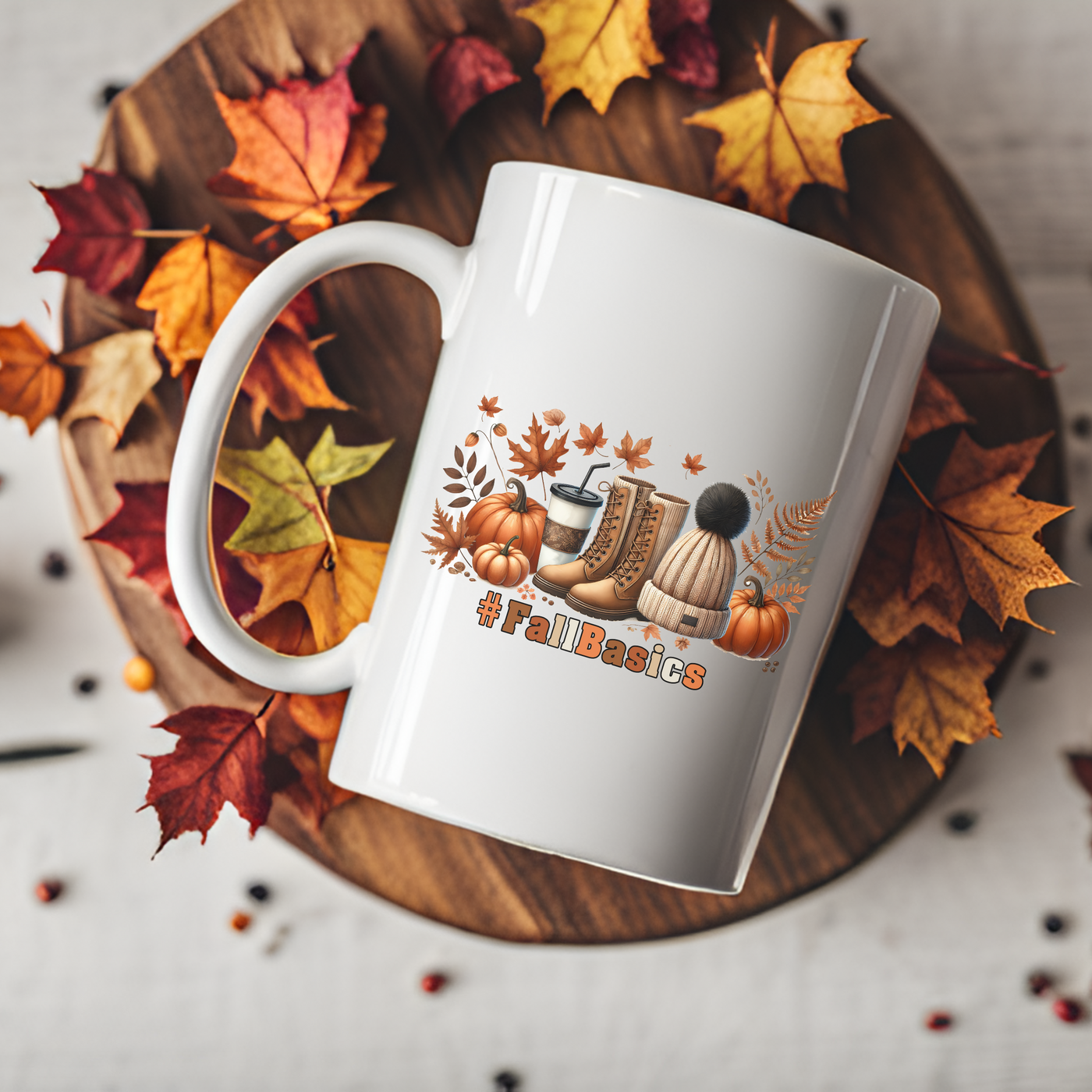 a white coffee mug sitting on top of a wooden plate