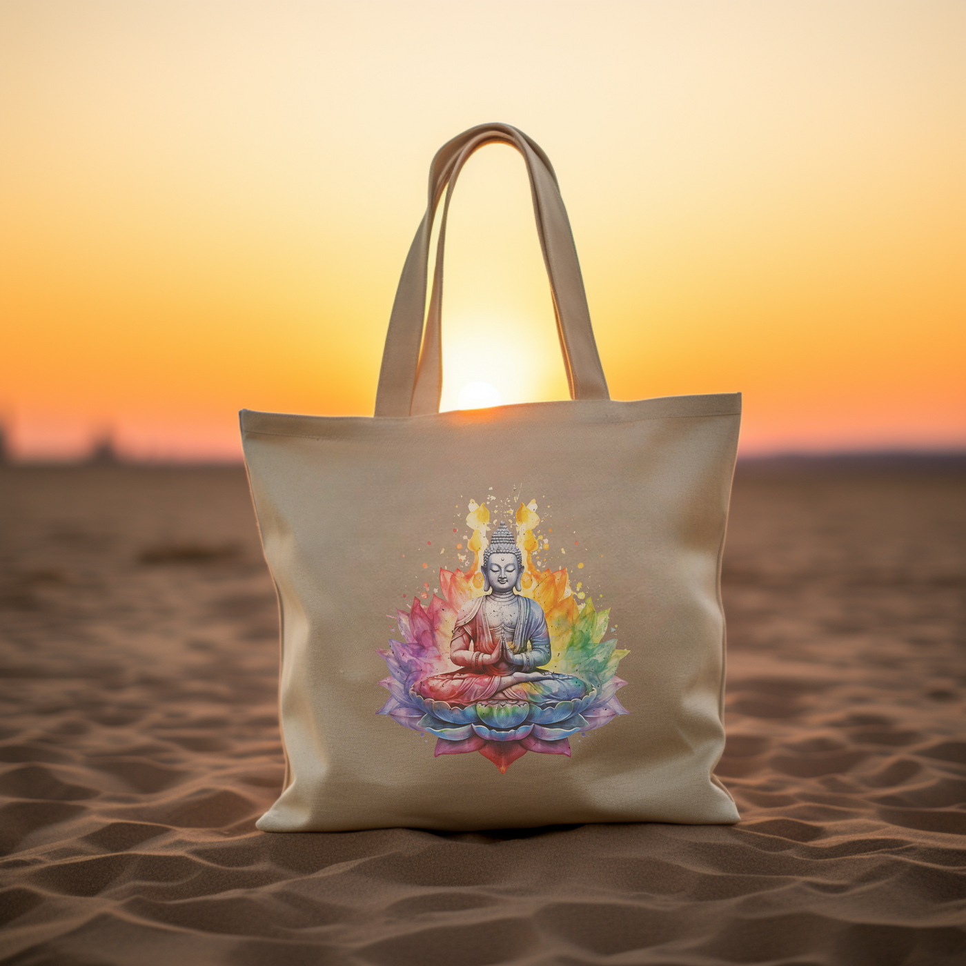 a tote bag with a buddha image on it