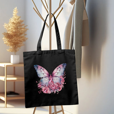 a black bag with a pink butterfly on it