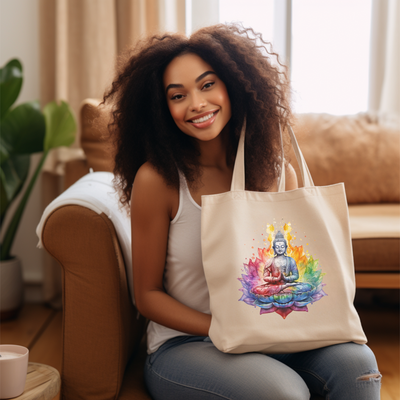 a woman sitting on a couch holding a tote bag