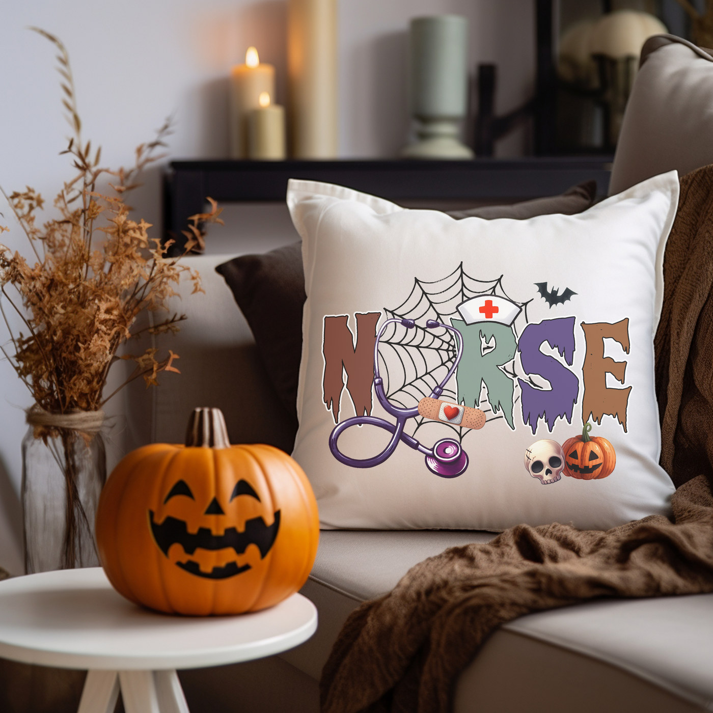 a couch with a pillow that says nurse on it