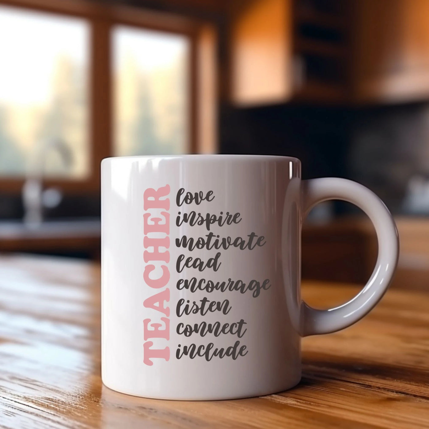 a white coffee mug sitting on top of a wooden table