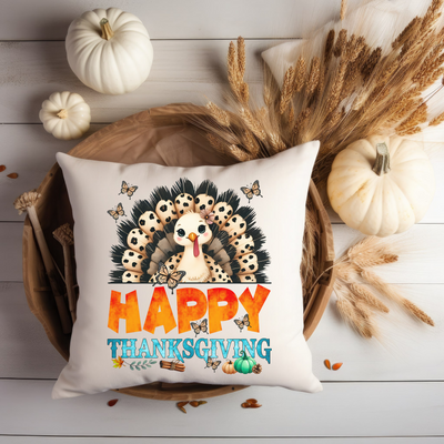 a happy thanksgiving pillow with a turkey on it