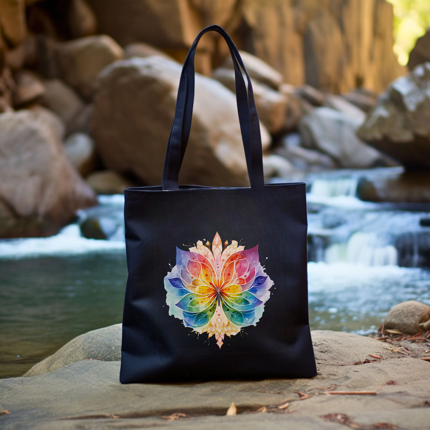 a black bag with a colorful flower on it