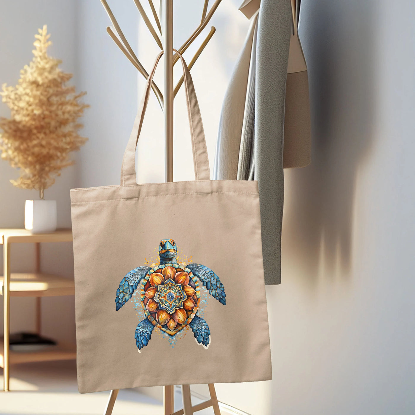 a tote bag with a picture of a turtle on it