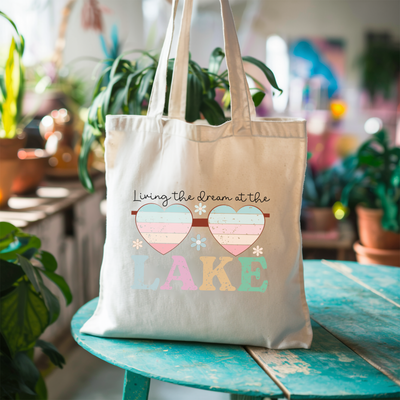 a tote bag sitting on top of a wooden table