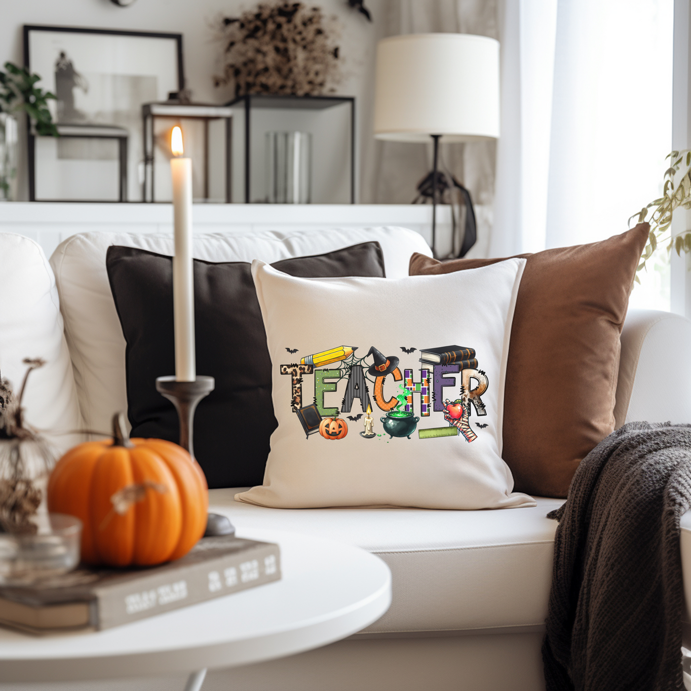 a living room with a white couch and a white coffee table