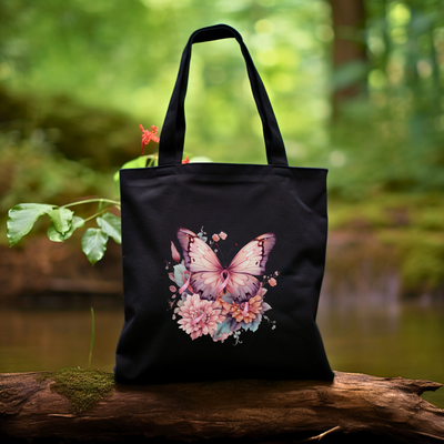 a black bag with a butterfly and flowers on it