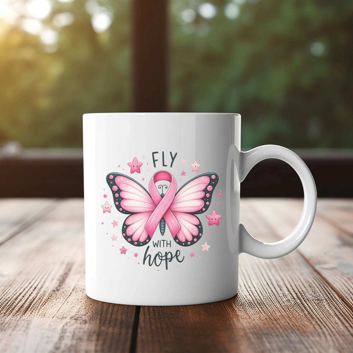 a white coffee mug with a pink butterfly on it