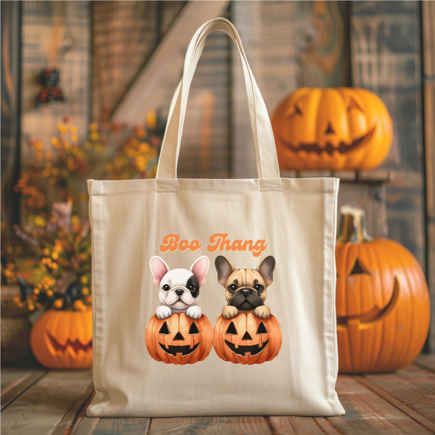 a bag with two dogs on it sitting next to pumpkins